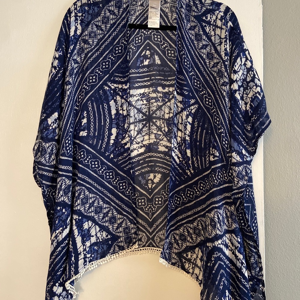 Chico’s Women's Navy Blue Geometric Abstract Open Front Kimono